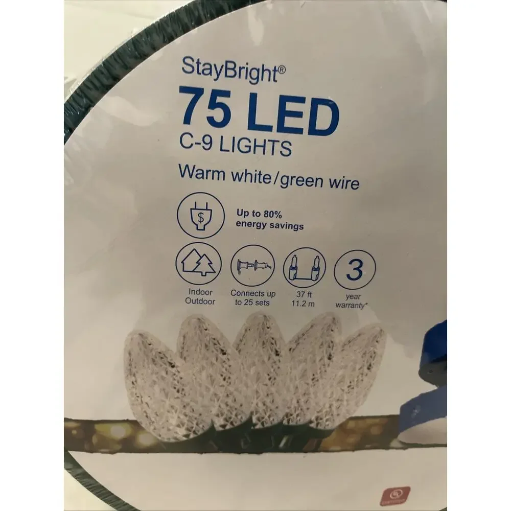 GE StayBright 75 Count 37 Feet Warm White C9 LED Christmas Lights Green Wire NEW